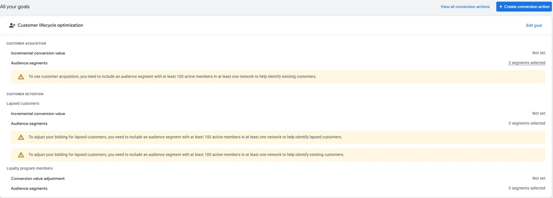Google Ads customer lifecycle optimization goal: incremental conversion value for new customers Not set, audience segments selected, and warnings that each audience needs at least 100 active members.