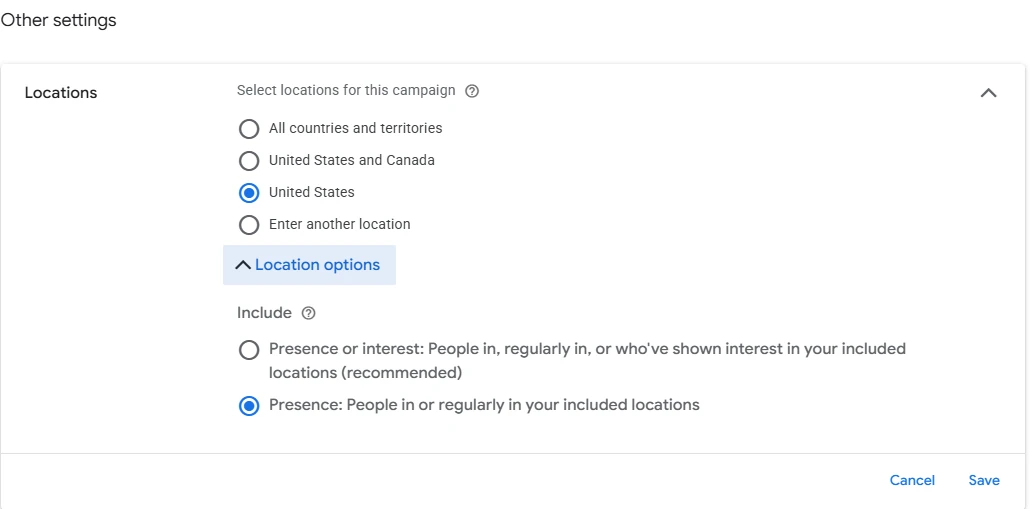 Google Ads campaign location options: Presence or interest (the recommended default) and Presence, with Presence selected.