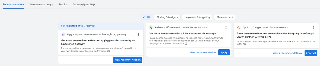 Google Ads recommendations page: cards suggesting Google tag gateway, Maximize conversions bidding and opting in to the Search Partner Network, each with Apply buttons, plus an Auto-apply settings tab.