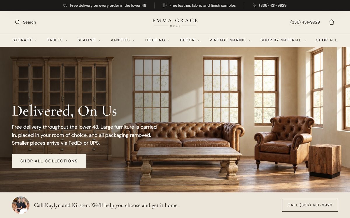 Emma Grace Home Shopify storefront homepage, designed and built by Conner Crowe
