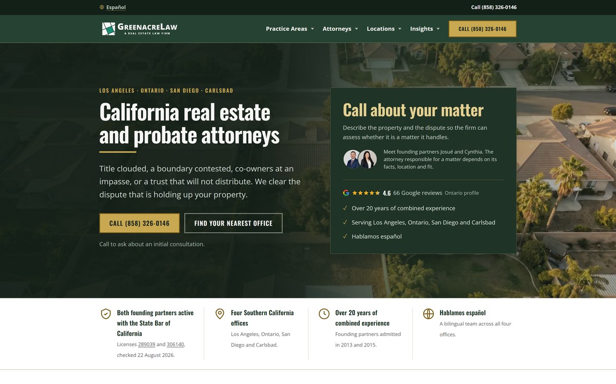 The Greenacre Law website, a 224-page bilingual law-firm site I designed and built.