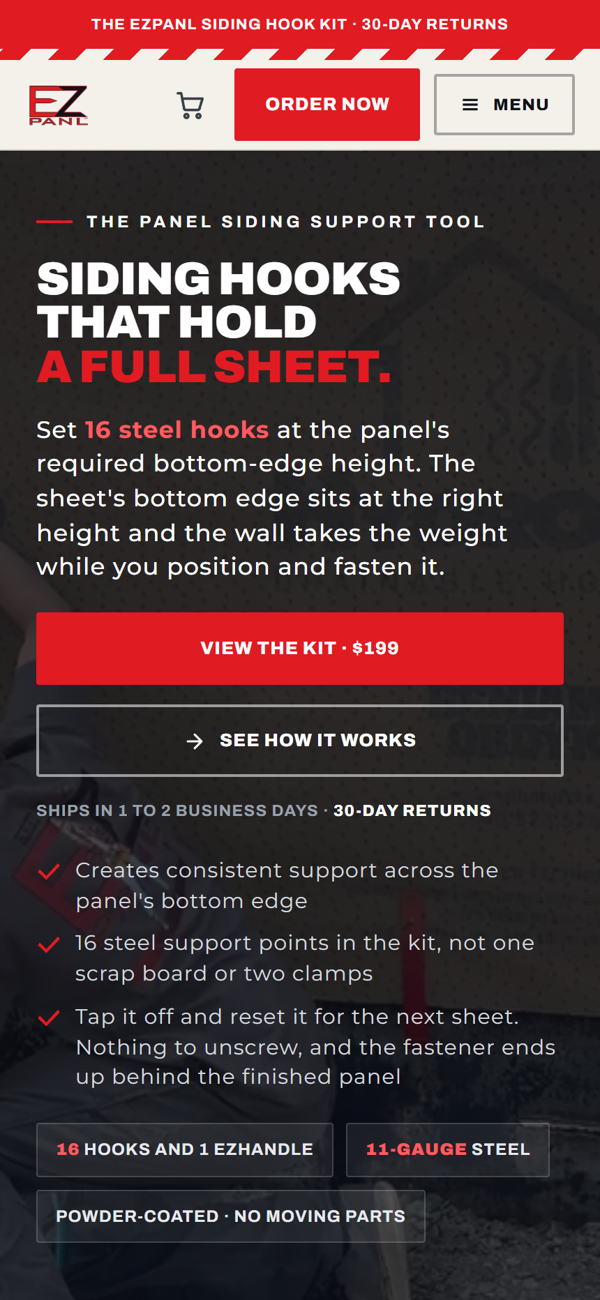 The live EZpanl homepage on a phone: siding hooks headline, the $199 kit button and the key specs