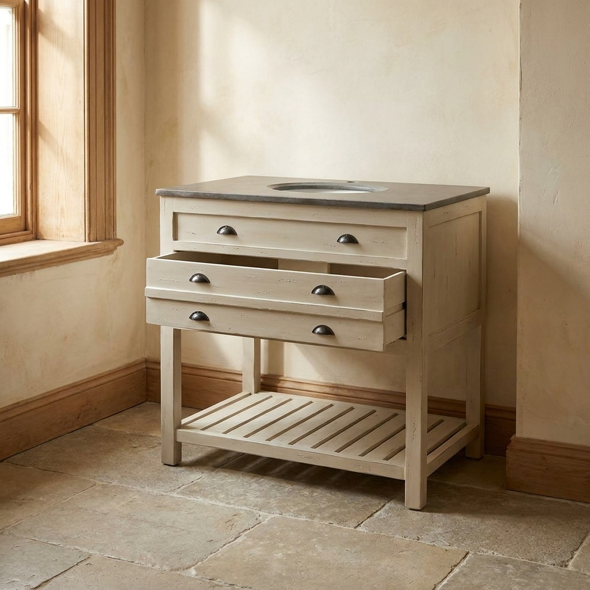 Bathroom collection scene: a single weathered-cream vanity with bluestone top and slat shelf in a sunlit Provençal-style bathroom with stone tile floor