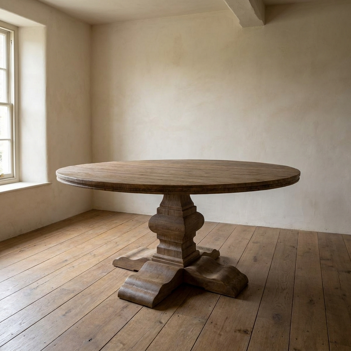Dining room collection scene: a round bleached-oak pedestal dining table on wide-plank floors against the same plaster wall, soft window light