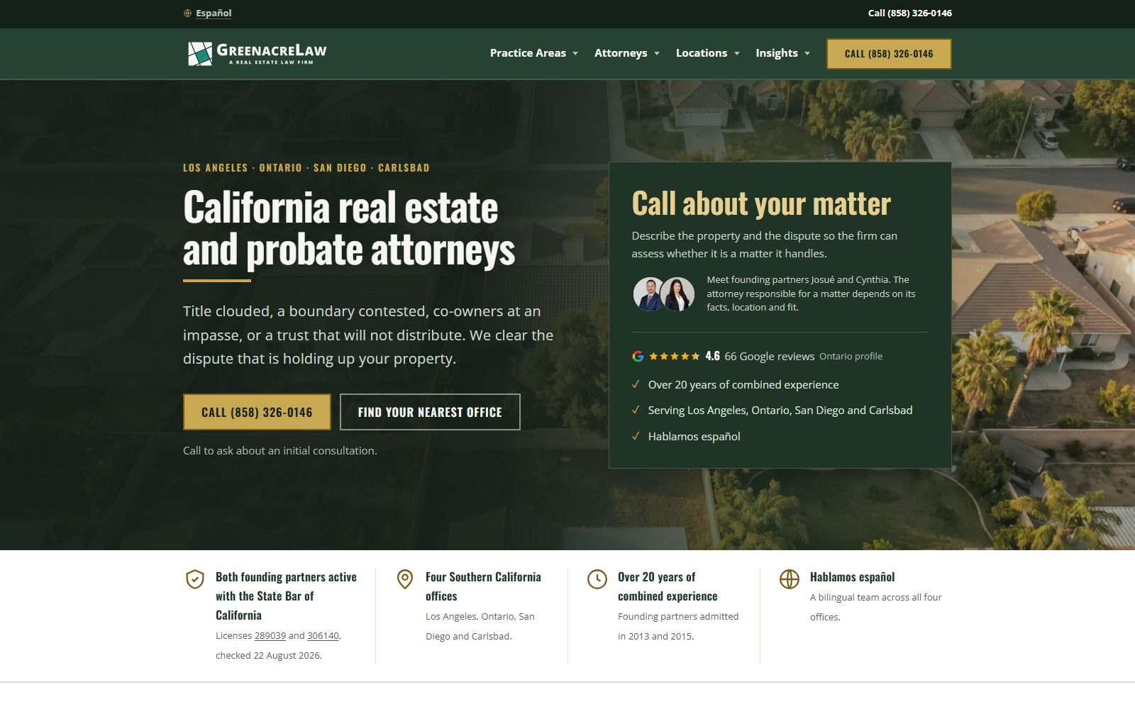 The live Greenacre Law homepage on desktop: call-first hero, four offices and the founding partners