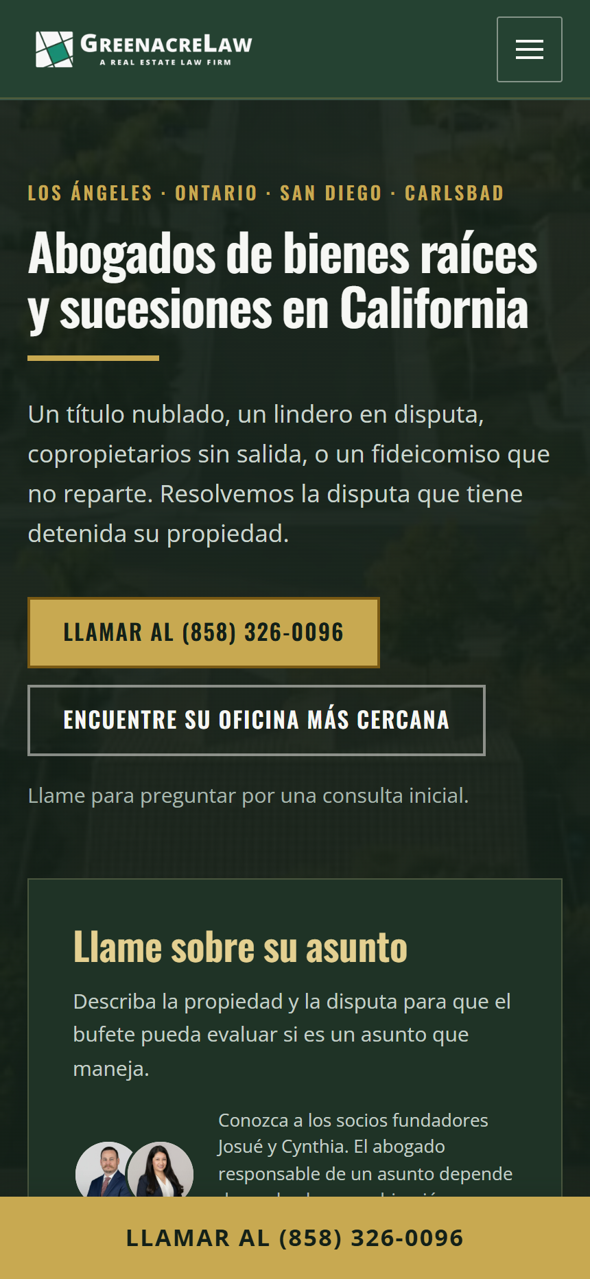 The Spanish Greenacre Law homepage on a phone, with the call button pinned to the bottom of the screen