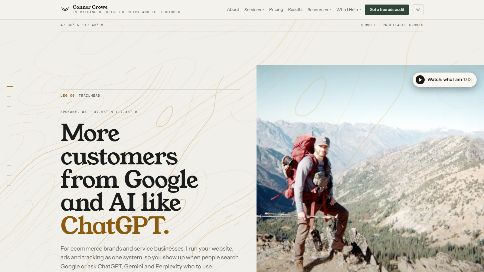 Conner Crowe website homepage with its positioning statement and track-record panel.