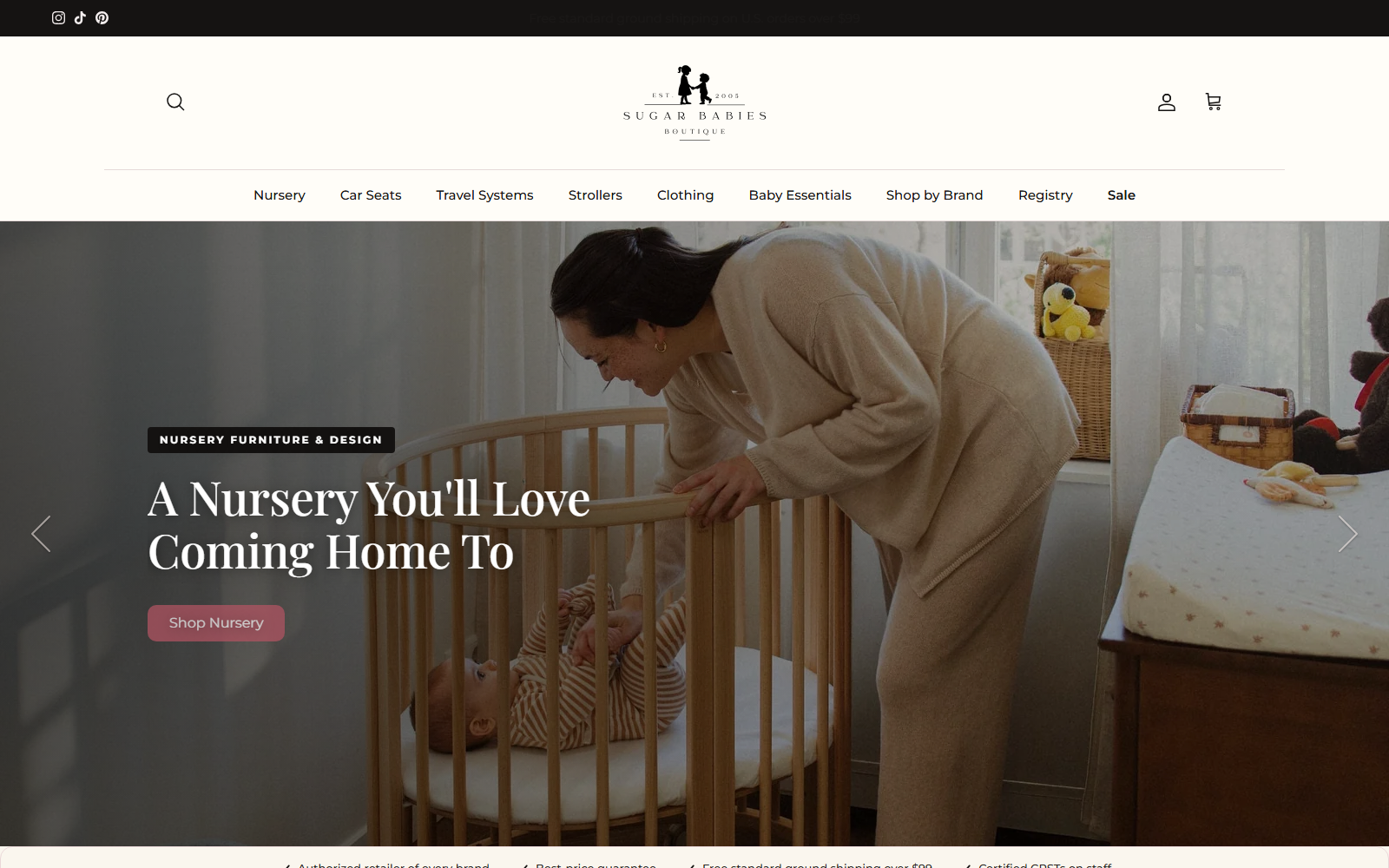 The live Sugar Babies storefront homepage on desktop: centered serif logo, category navigation and a nursery hero