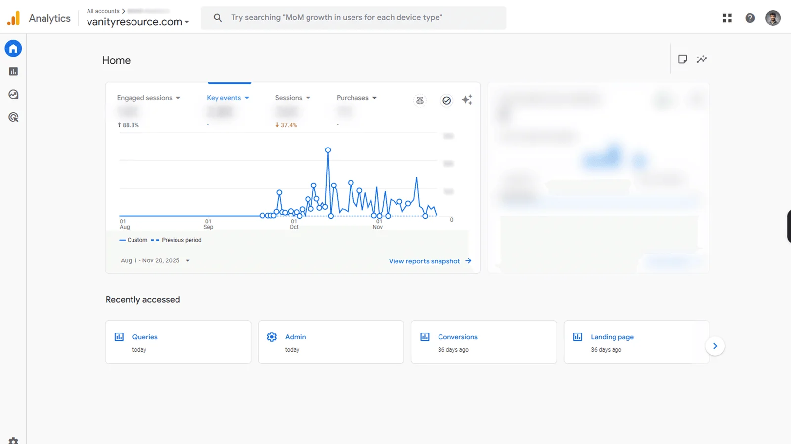 Google Analytics home for the vanity store, August to November 2025, with engaged sessions up 88.8% on the prior period