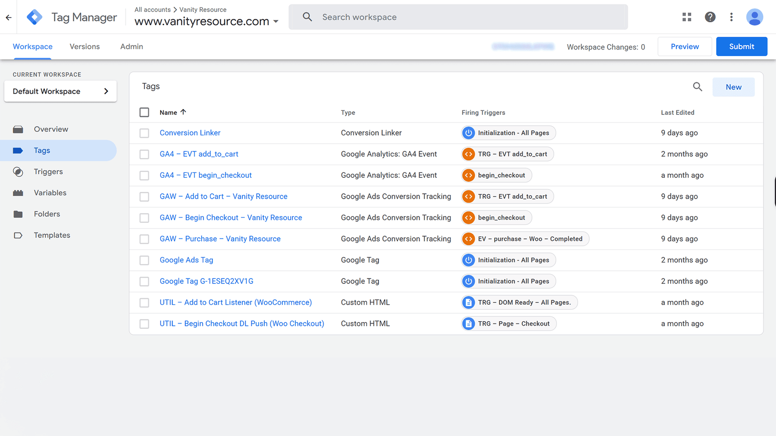 Google Tag Manager workspace for Vanity Resource showing GA4 and Google Ads tags