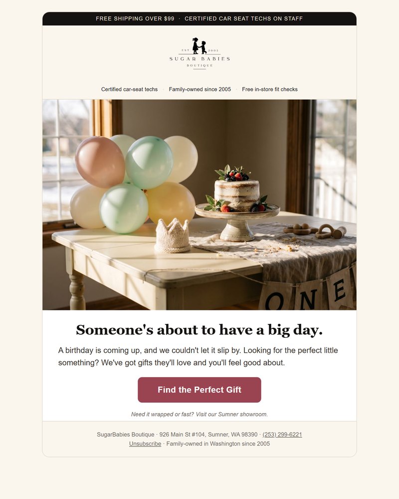 Birthday email design: 'Someone's about to have a big day,' with a gift-finder button