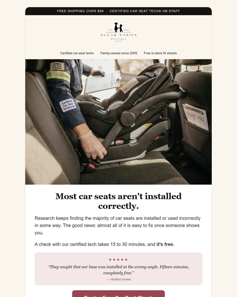 Campaign email design: 'Most car seats aren't installed correctly,' offering a free car-seat check