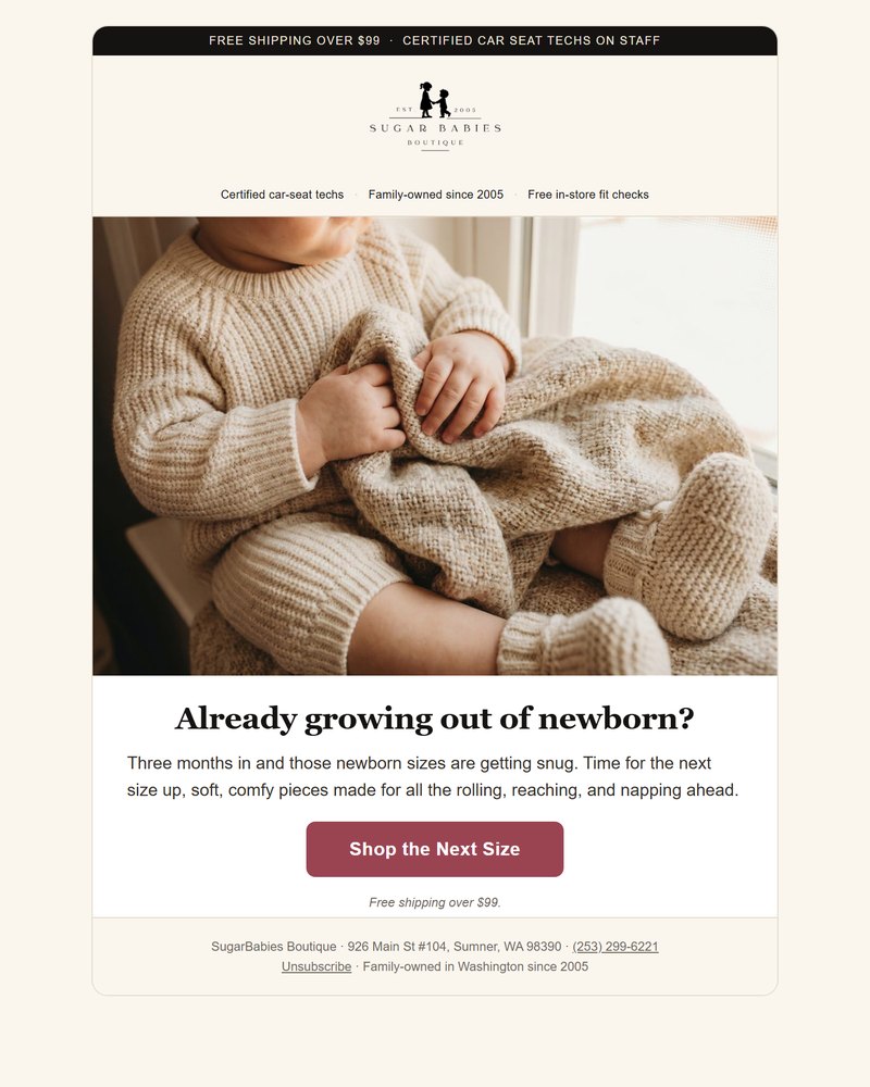 Growth-flow email design: 'Already growing out of newborn?' prompting the next size up