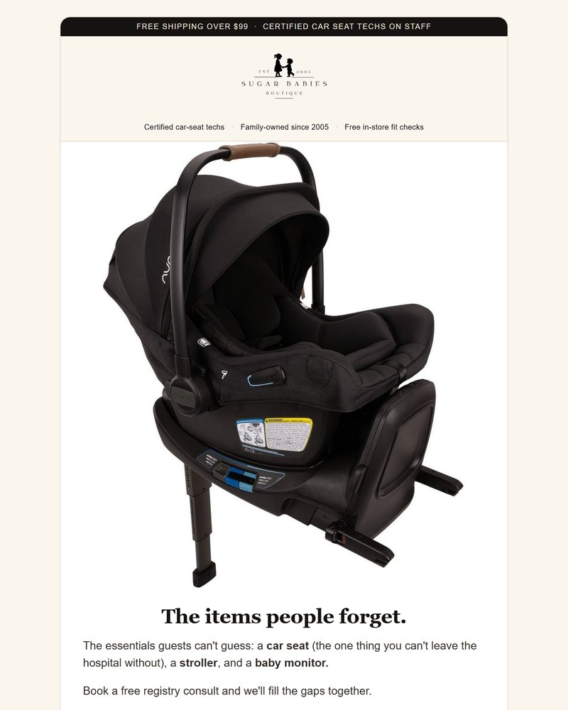 Registry email design: 'The items people forget,' listing car seat, stroller and monitor with a consult button