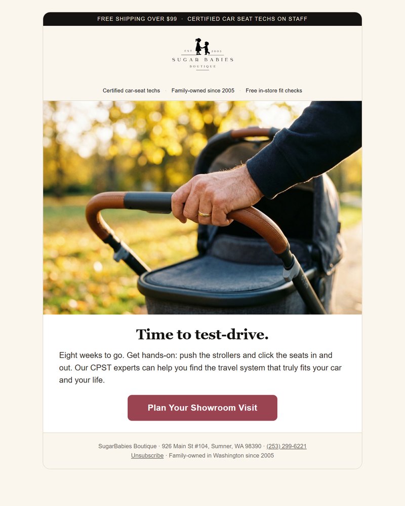 Pregnancy-flow email design: 'Time to test-drive,' inviting a showroom stroller trial