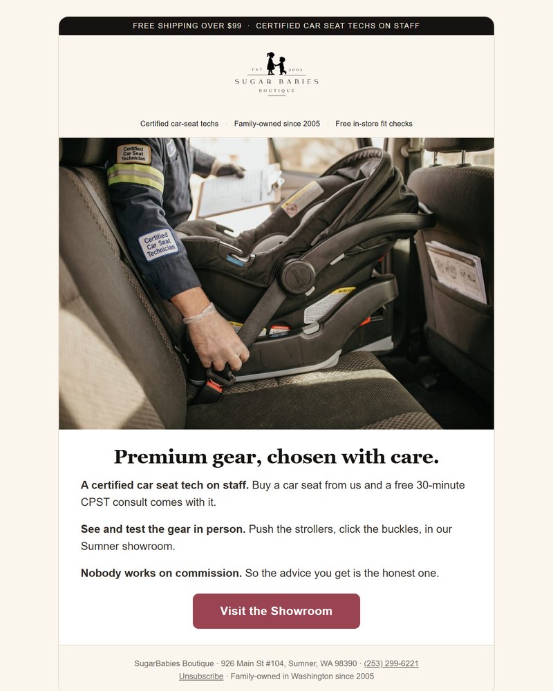 Welcome email design: 'Premium gear, chosen with care,' with a certified car-seat tech offer and a showroom visit button