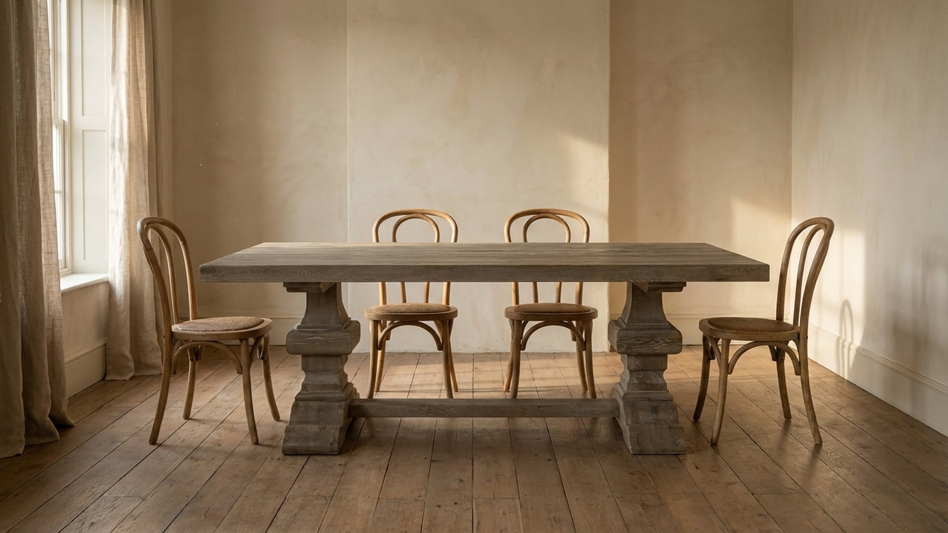 A pedestal dining table with bentwood chairs in a warm-lit room with aged plaster walls and wide-plank oak floors. From a real Shopify furniture catalog rebuilt through the in-house lifestyle pipeline.