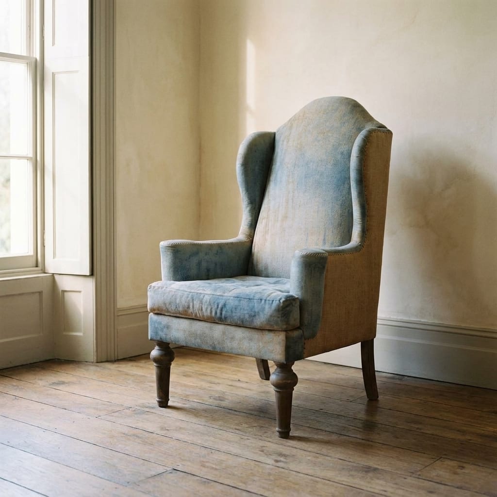 Lifestyle render: Pale blue velvet wingback chair near a window.