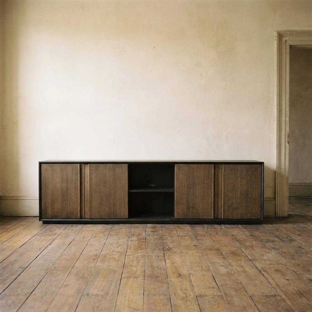 Lifestyle render: Long dark oak media console against an aged plaster wall, doorway visible at right.