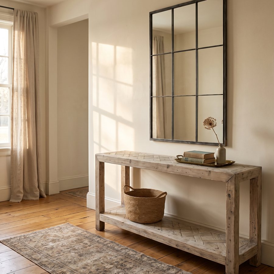Lifestyle render for Emma Grace Home: reclaimed wood console table under a grid mirror in a sunlit hall