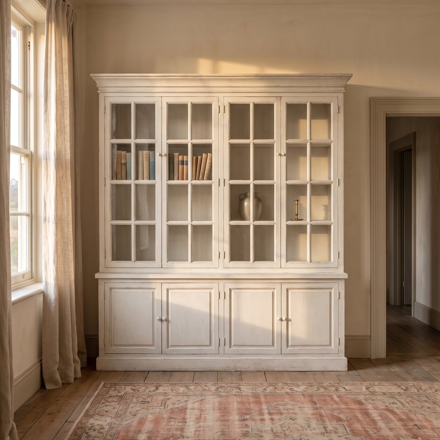 Lifestyle render for Emma Grace Home: antique white glass-front bookcase in a living room