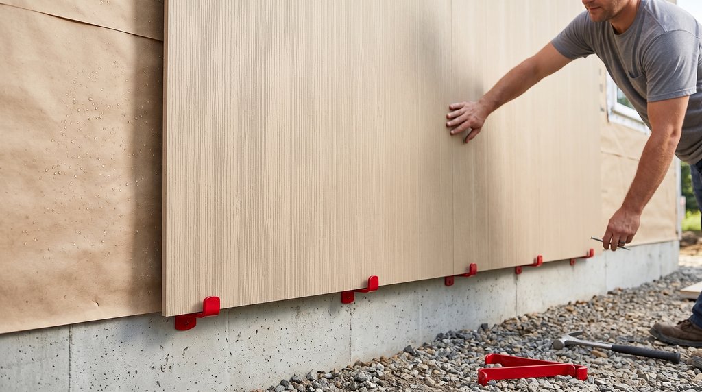 Product render: siding panel resting on red installation hooks at a jobsite