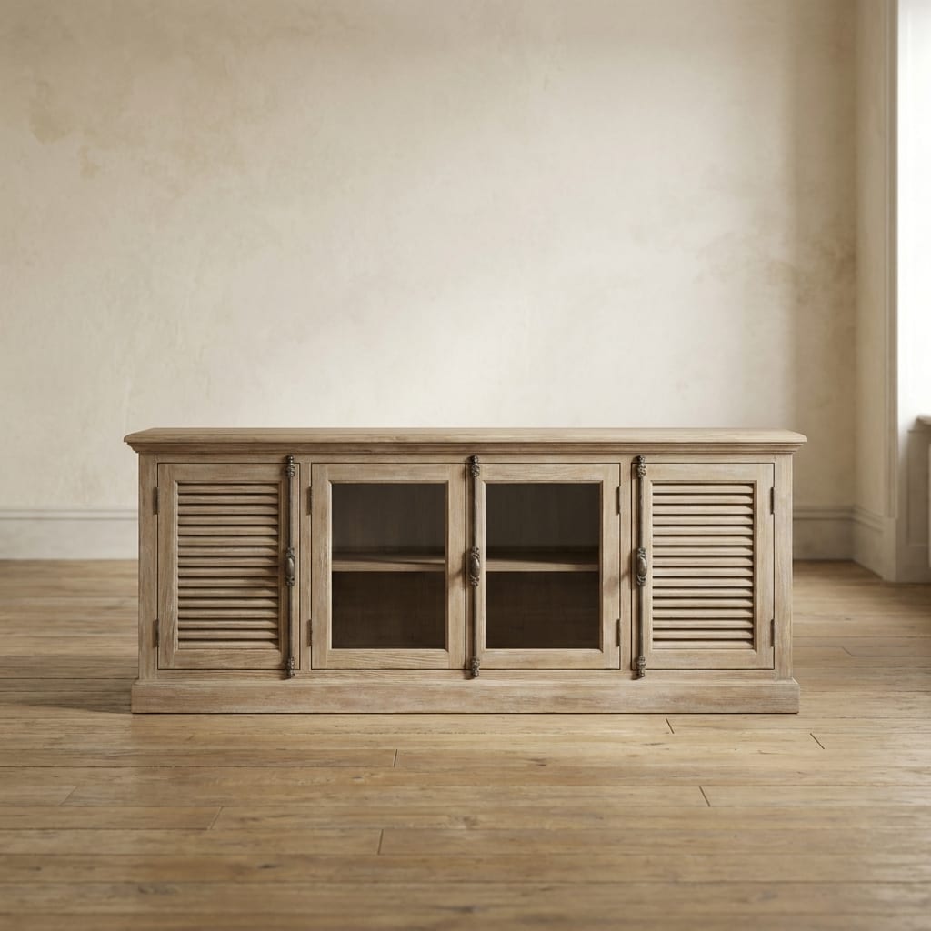 Lifestyle render: Louvered washed-oak media console against plaster wall.