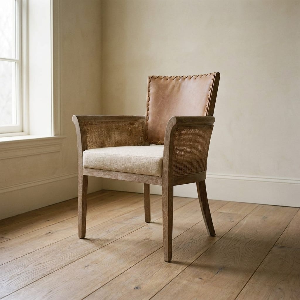 Lifestyle render: Caramel leather armchair with linen seat and woven cane sides.