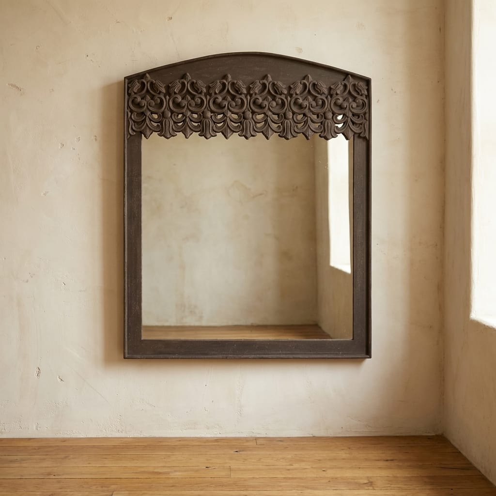 Lifestyle render: Carved dark-wood arched wall mirror.