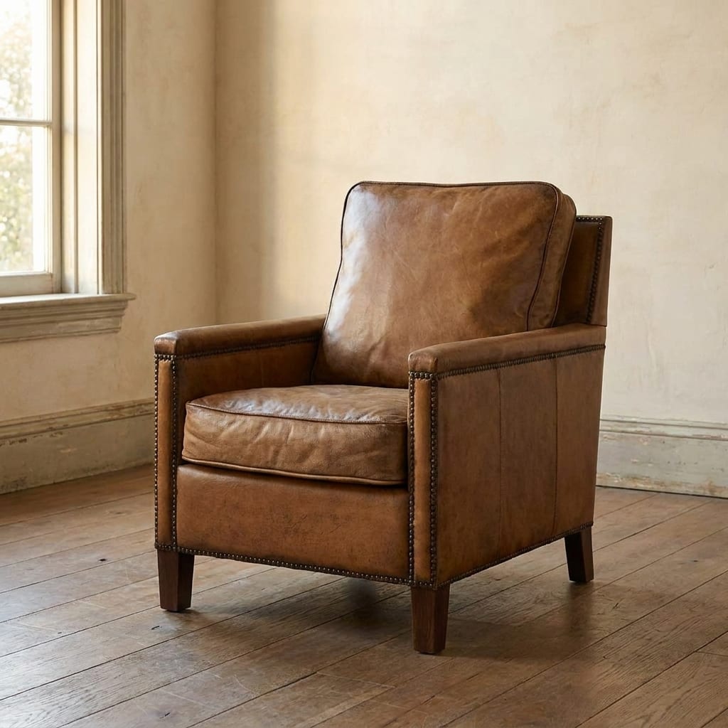 Lifestyle render: Caramel buffalo leather club chair on wide oak plank floor.