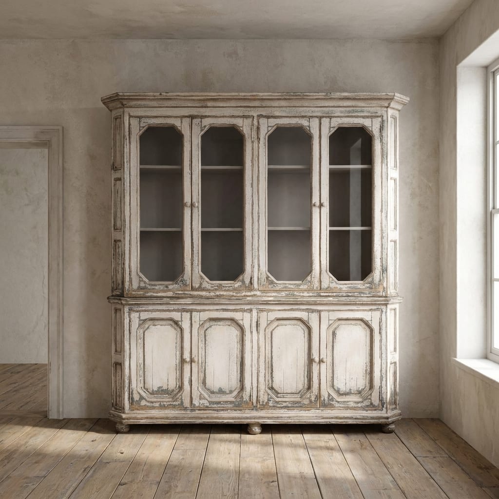 Lifestyle render: Distressed white glass-panel china cabinet, window light from right.