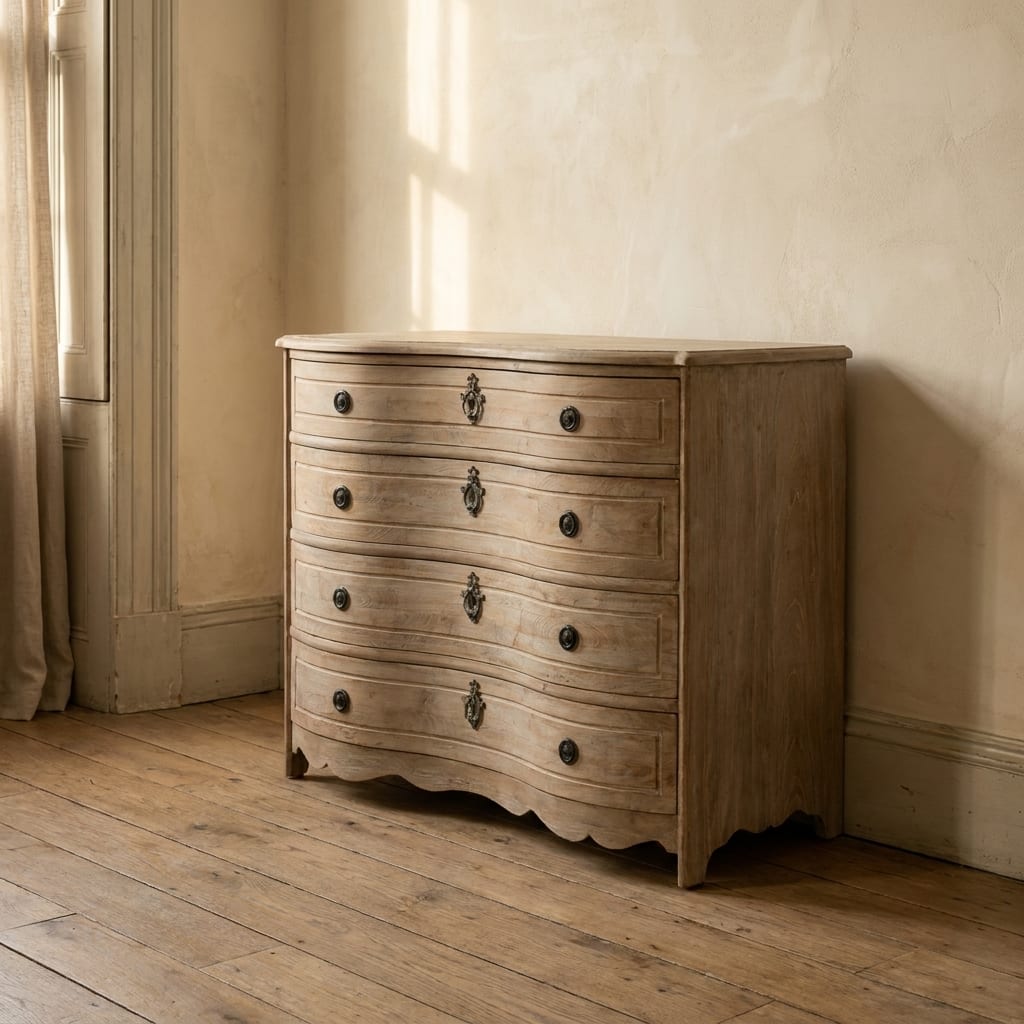 Lifestyle render: Serpentine-front four-drawer chest with soft drapery.