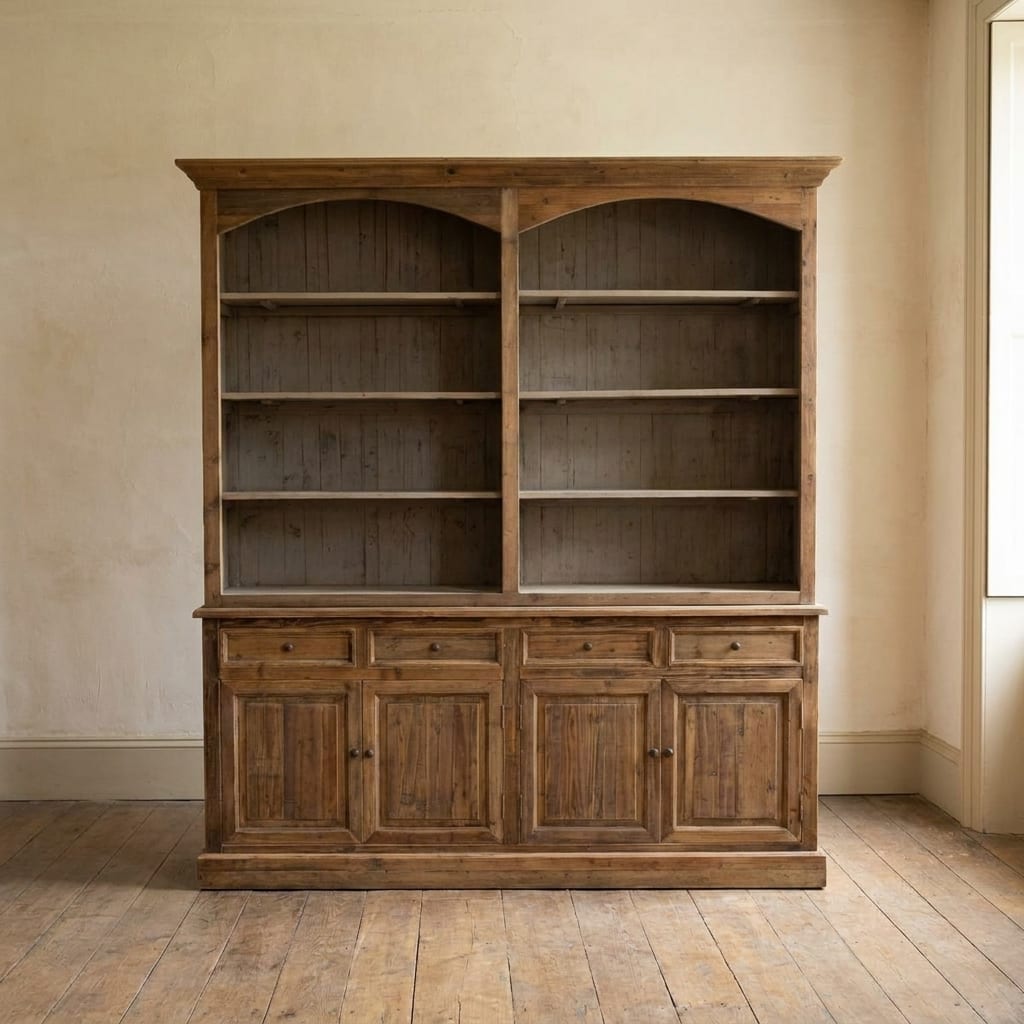 Lifestyle render: Massive double-arched bookcase in reclaimed pine.