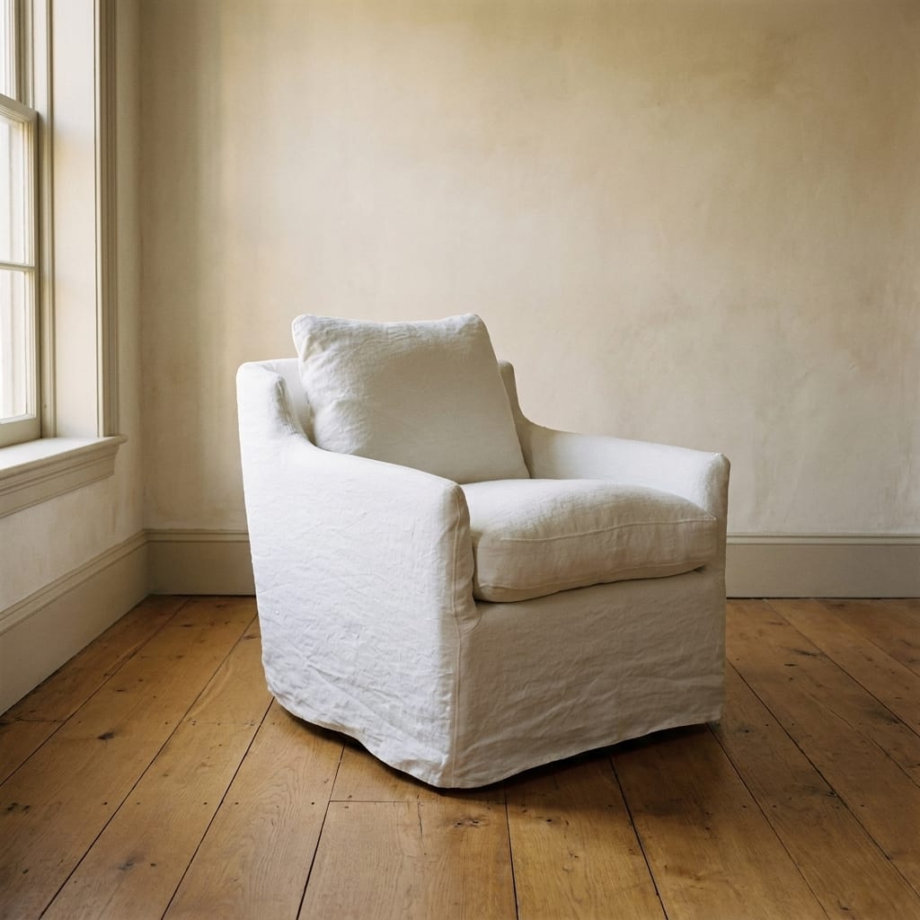Lifestyle render: Ecru slipcovered swivel chair on oak floor.