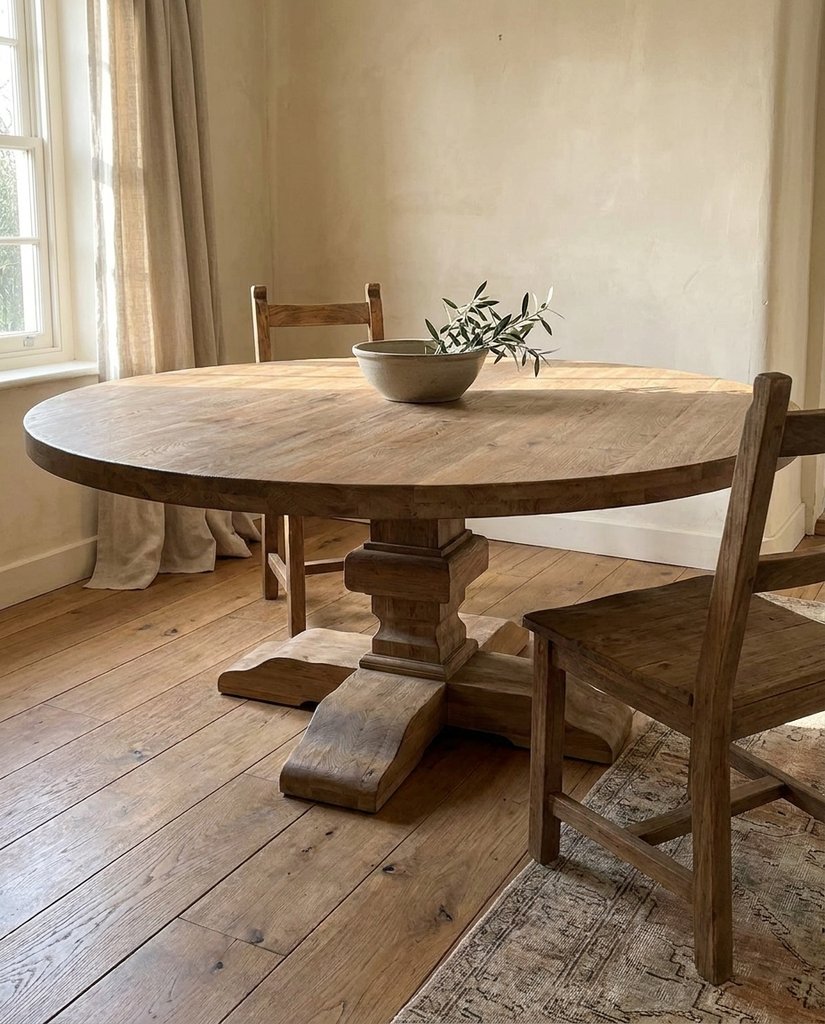Styled scene: round wood dining table with chairs