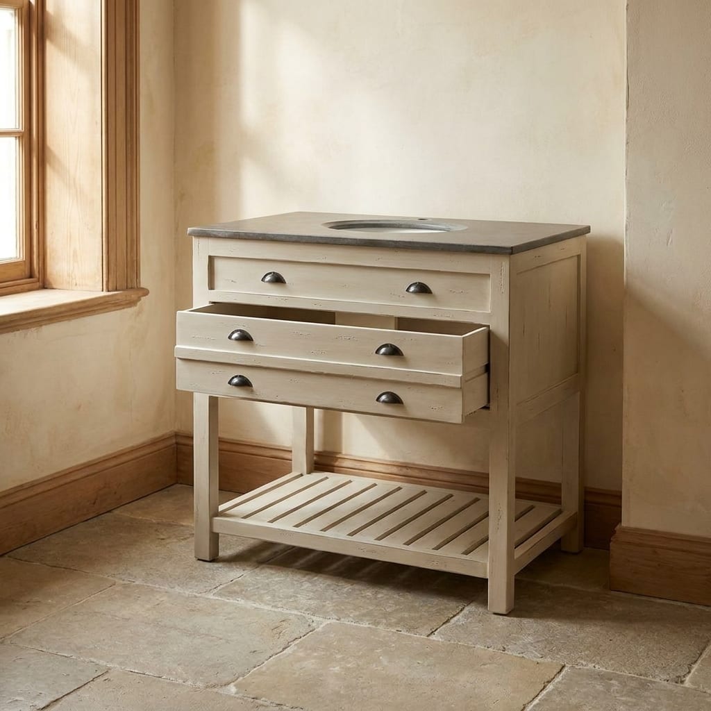 Lifestyle render: Painted bathroom vanity on stone floor.