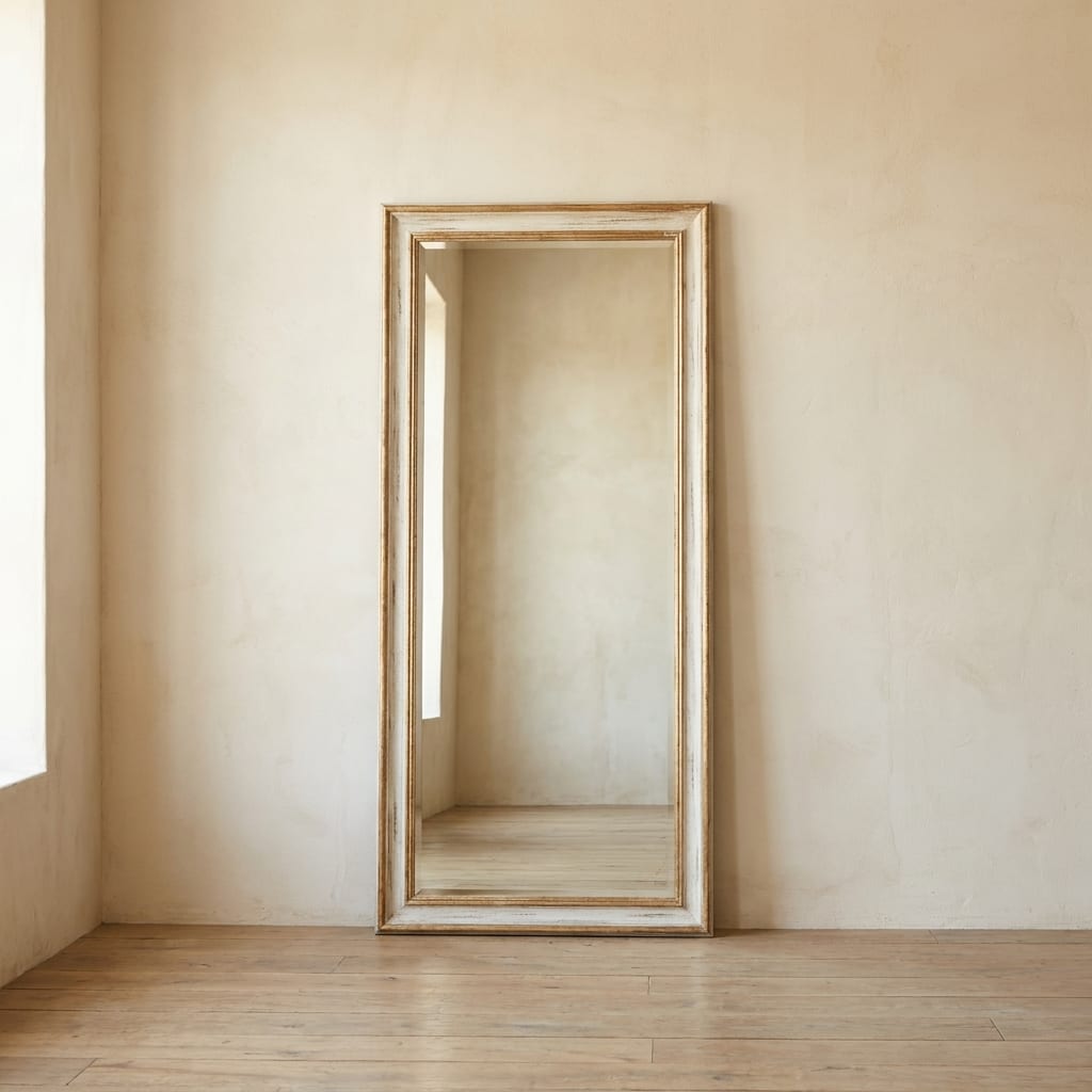 Lifestyle render: Full-length leaning oak floor mirror.