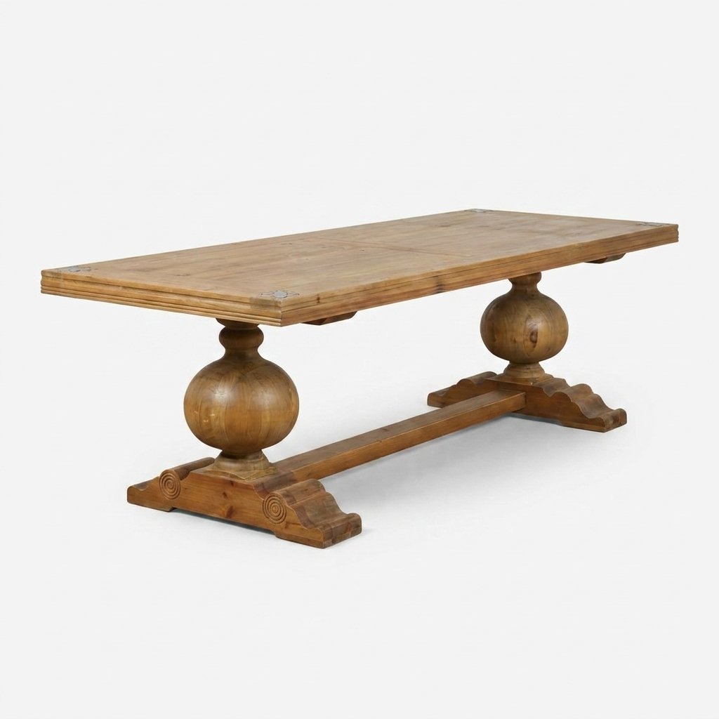 White-background catalog packshot: wood trestle dining table