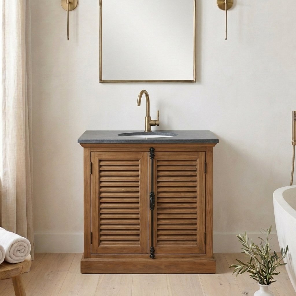 Lifestyle render: single vanity with louvered door in a styled bath scene