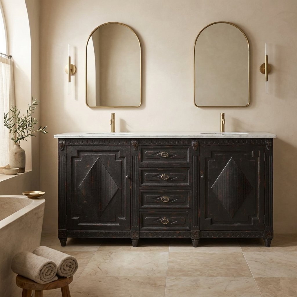 Lifestyle render: Black double vanity with carved diamond doors under a white marble top.