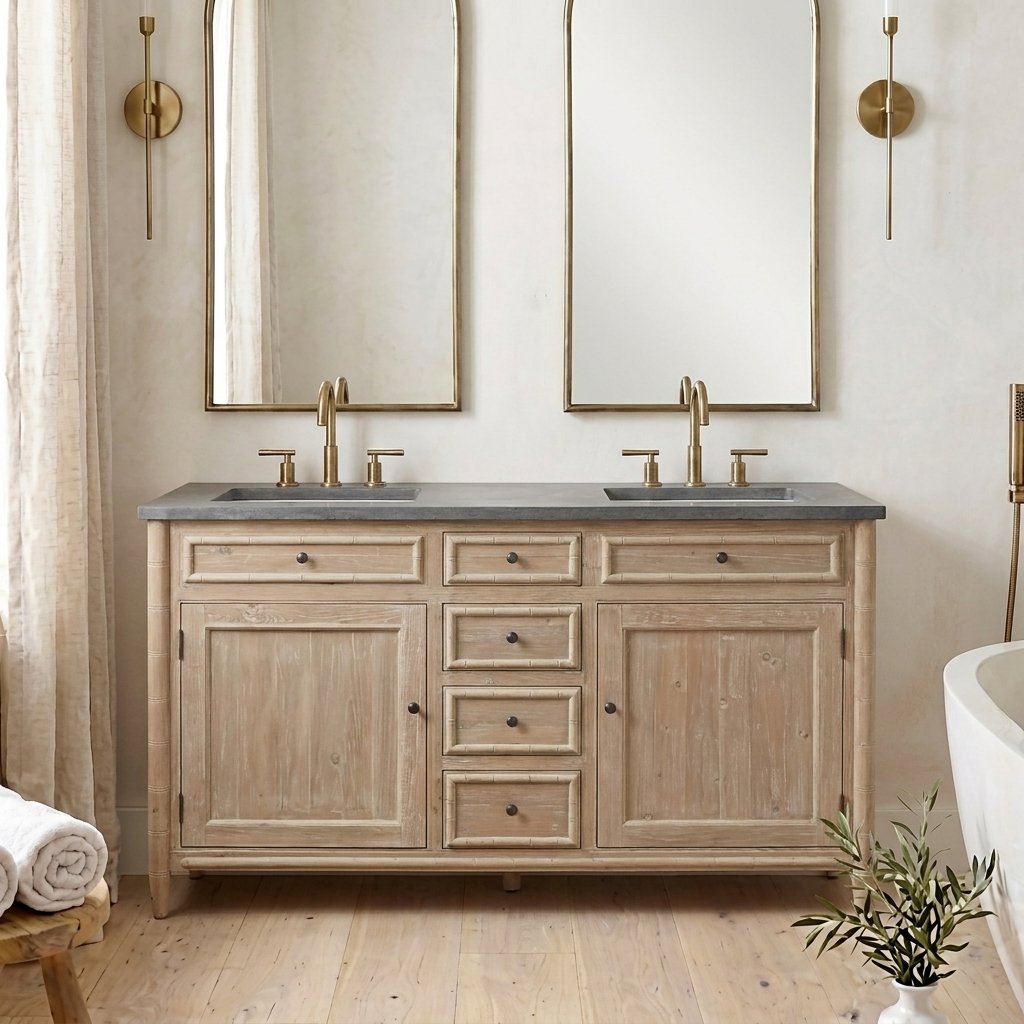 Lifestyle render: double bathroom vanity with bluestone top in a styled bath scene