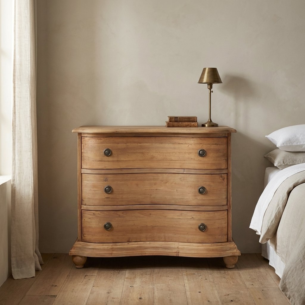 Lifestyle render: Three-drawer serpentine chest in reclaimed pine, staged against a bedroom wall.