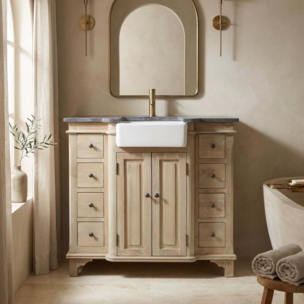 Lifestyle render: Limed-pine vanity with an apron sink and flanking four-drawer banks.