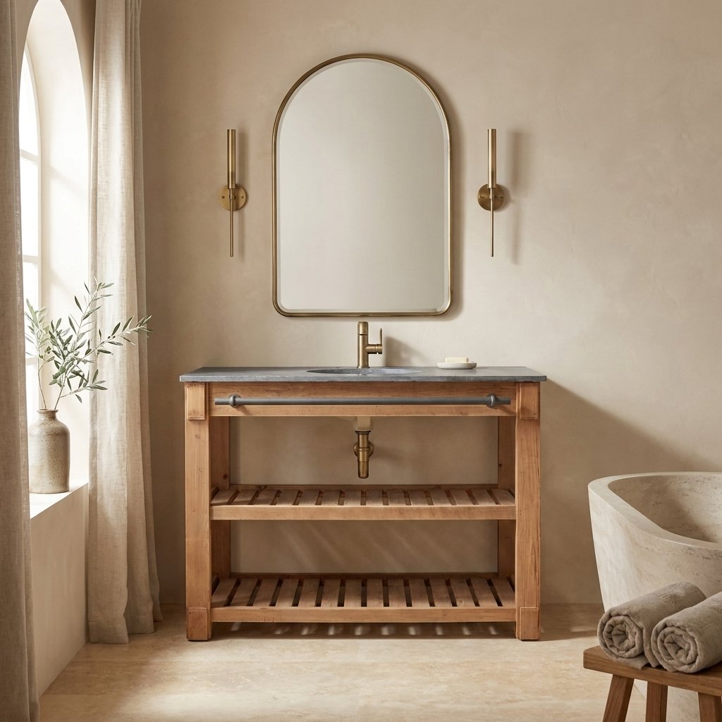 Lifestyle render: Open-frame pine washstand with a towel bar and two slatted shelves under a bluestone top.