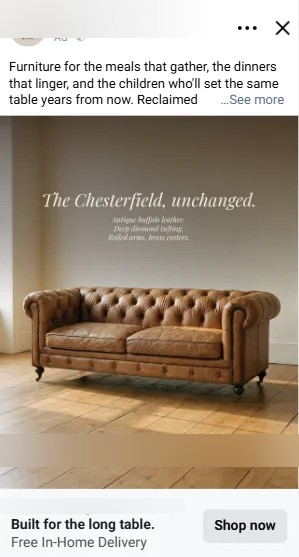Live Meta ad: antique buffalo leather Chesterfield sofa on wide oak plank floor, headline 'The Chesterfield, unchanged.'