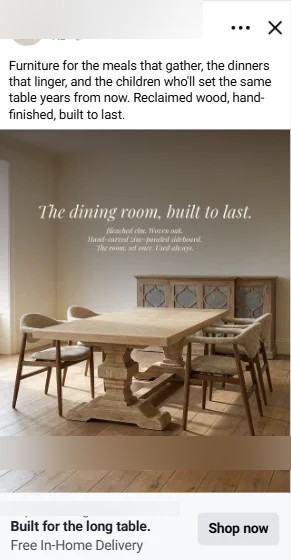 Live Meta ad: bleached elm dining table with chairs, headline 'The dining room, built to last.'