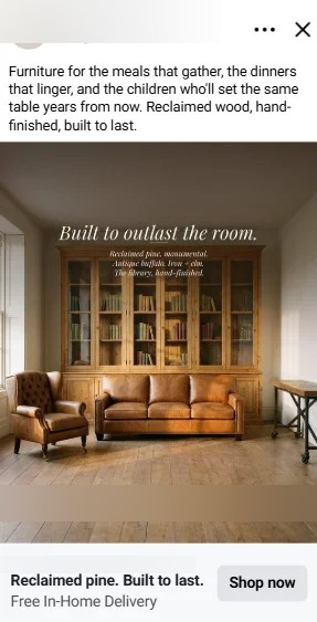 Live Meta ad: caramel leather sofa beside a reclaimed pine bookcase, headline 'Built to outlast the room.'