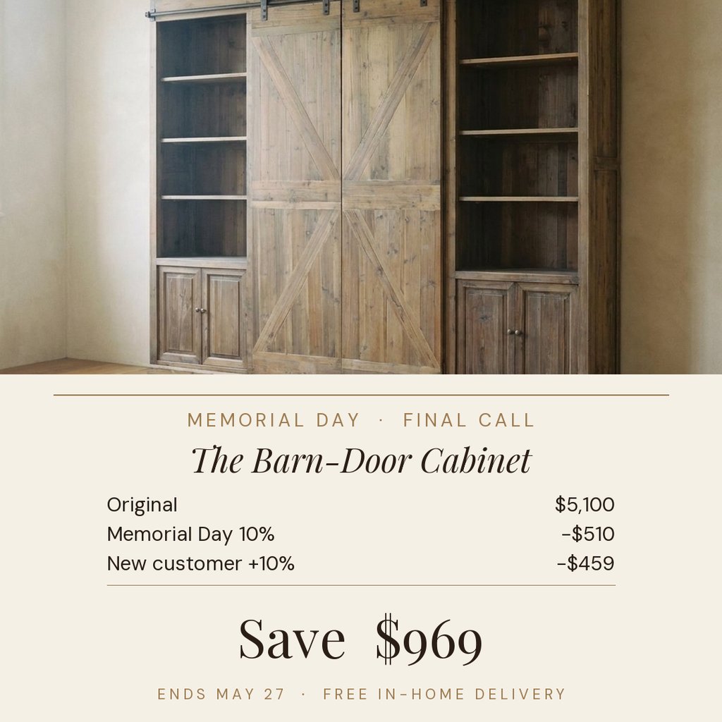 Meta ad creative: price-stack promo for a barn-door cabinet