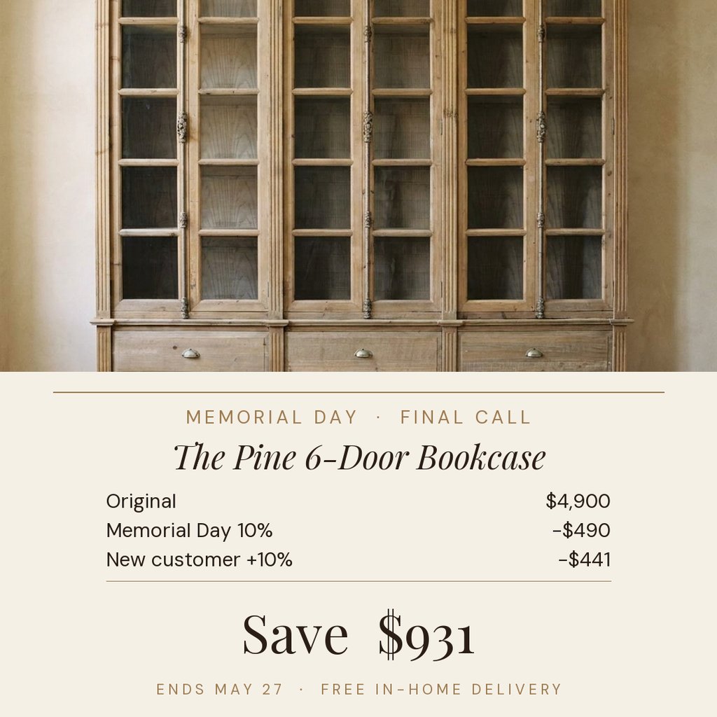 Meta ad creative: price-stack promo for a pine six-door bookcase
