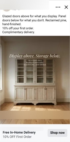Live Meta ad: distressed white glass-panel cabinet, headline 'Display above. Storage below.'